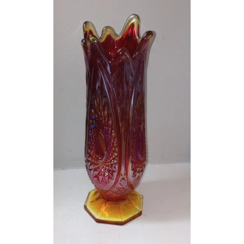 Vintage Indiana Glass Heirloom Pattern Amberina Swung Vase 8 Finger Massive GLOW